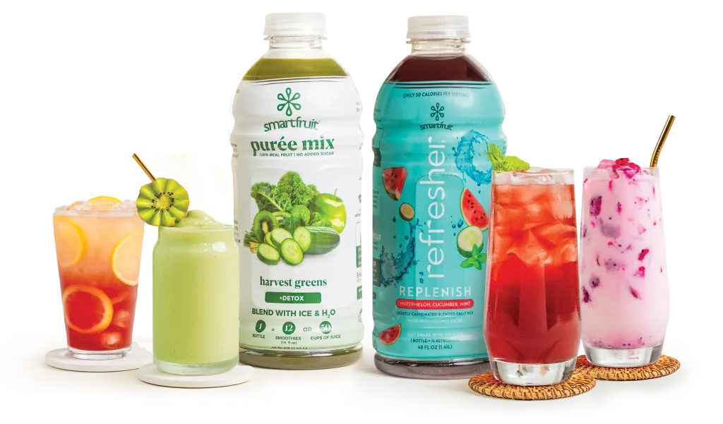Bottles of Smartfruit Puree and Refresher, surrounded by glasses of showing their use