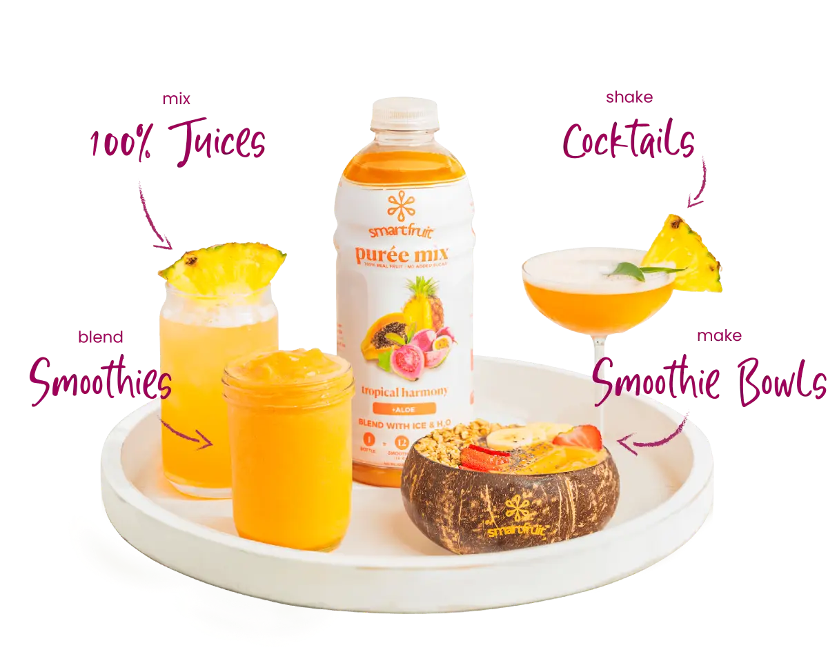 Bottle of Puree surrounded by examples of use