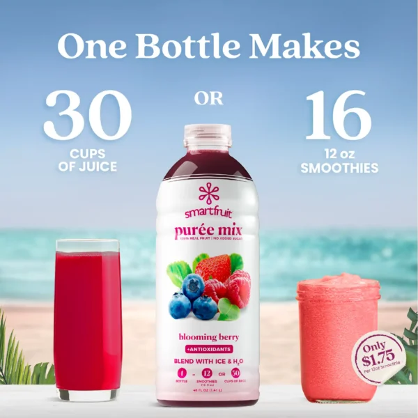 A bottle of Smartfruit Blooming Berry purée mix displayed between a glass of bright red juice and a berry smoothie. Text explains that one bottle makes either 30 cups of juice or 16 twelve-ounce smoothies, with a note indicating about $1.75 per smoothie.