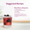 A mixed berry margarita served in a rocks glass with a salted rim and fresh berries. Text shows a suggested recipe for a Mixed Berry Margarita made with Blooming Berry purée, fresh lime juice, tequila, and ice, with instructions to shake and garnish.