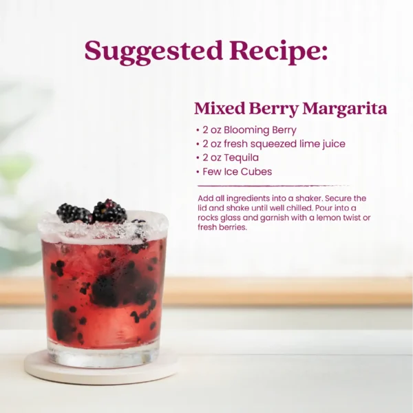 A mixed berry margarita served in a rocks glass with a salted rim and fresh berries. Text shows a suggested recipe for a Mixed Berry Margarita made with Blooming Berry purée, fresh lime juice, tequila, and ice, with instructions to shake and garnish.