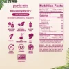 Product information graphic for Smartfruit Blooming Berry purée mix with antioxidants showing icons for no added sugar, natural ingredients, gluten free, vegan, no preservatives, fat free, shelf stable, kosher, made in the USA, and non-GMO. Nutrition facts and ingredient list are displayed on the right.