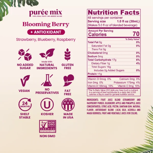 Product information graphic for Smartfruit Blooming Berry purée mix with antioxidants showing icons for no added sugar, natural ingredients, gluten free, vegan, no preservatives, fat free, shelf stable, kosher, made in the USA, and non-GMO. Nutrition facts and ingredient list are displayed on the right.