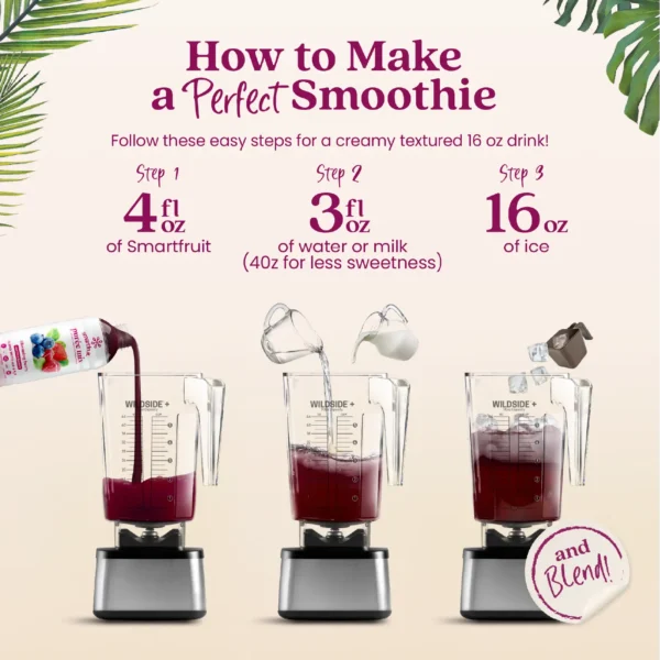Step-by-step visual instructions showing Smartfruit purée being poured into a blender, followed by water or milk, then ice. Text reads “How to Make a Perfect Smoothie” and lists the steps: 4 fl oz Smartfruit, 3 fl oz water or milk, and 16 oz ice before blending.