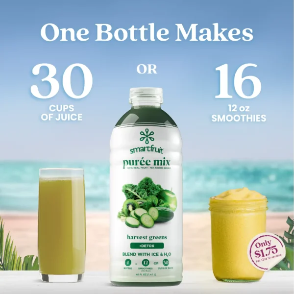 A bottle of Smartfruit Harvest Greens purée mix displayed between a glass of green juice and a green smoothie. Text explains that one bottle makes either 30 cups of juice or 16 twelve-ounce smoothies, with a note indicating about $1.75 per smoothie.