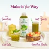 A Smartfruit Harvest Greens purée mix bottle displayed on a white tray surrounded by green beverages and foods including a smoothie, juice, cocktail, and smoothie bowl. Text highlights different uses: smoothies, 100% juices, cocktails, and smoothie bowls.