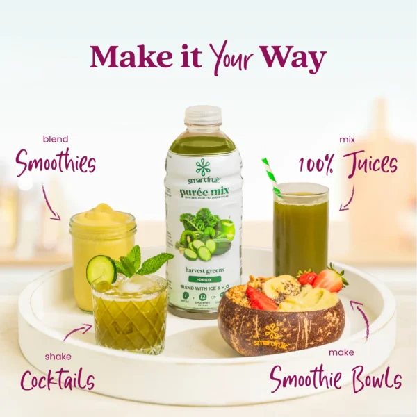 A Smartfruit Harvest Greens purée mix bottle displayed on a white tray surrounded by green beverages and foods including a smoothie, juice, cocktail, and smoothie bowl. Text highlights different uses: smoothies, 100% juices, cocktails, and smoothie bowls.