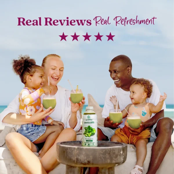 A smiling family sitting outdoors near the ocean enjoys green smoothies together while a bottle of Smartfruit Harvest Greens purée mix sits on a table in front of them. Text above reads “Real Reviews, Real Refreshment” with five stars.