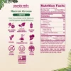 Product information graphic for Smartfruit Harvest Greens purée mix with detox benefits showing icons for no added sugar, natural ingredients, gluten free, vegan, no preservatives, fat free, shelf stable, kosher, made in the USA, and non-GMO. Nutrition facts and ingredient list are displayed on the right.