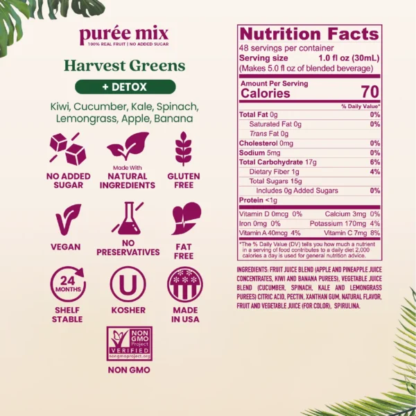 Product information graphic for Smartfruit Harvest Greens purée mix with detox benefits showing icons for no added sugar, natural ingredients, gluten free, vegan, no preservatives, fat free, shelf stable, kosher, made in the USA, and non-GMO. Nutrition facts and ingredient list are displayed on the right.