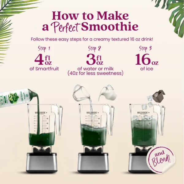 Step-by-step visual instructions showing Smartfruit purée being poured into a blender, followed by water or milk, then ice. Text reads “How to Make a Perfect Smoothie” and lists the steps: 4 fl oz Smartfruit, 3 fl oz water or milk, and 16 oz ice before blending.