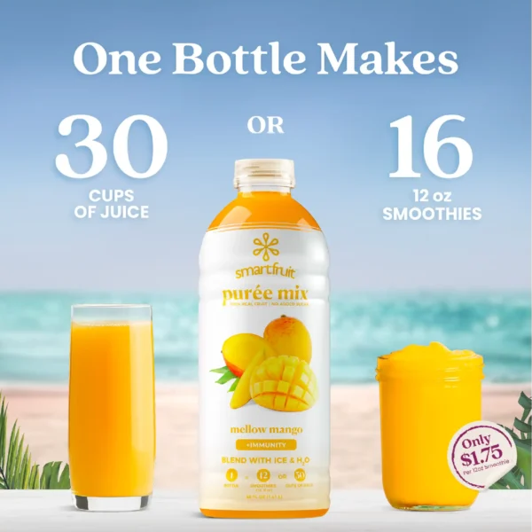 A bottle of Smartfruit Mellow Mango purée mix displayed between a glass of mango juice and a bright yellow mango smoothie. Text explains that one bottle makes either 30 cups of juice or 16 twelve-ounce smoothies, with a note indicating about $1.75 per smoothie.