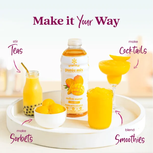 A Smartfruit Mellow Mango purée mix bottle displayed on a white tray surrounded by mango beverages and desserts including tea, sorbet, smoothies, and cocktails. Text highlights different uses: teas, sorbets, cocktails, and smoothies.