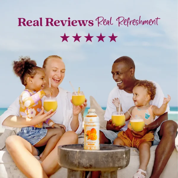 A smiling family sitting outdoors near the ocean enjoys mango smoothies together while a bottle of Smartfruit Mellow Mango purée mix sits on a table in front of them. Text above reads “Real Reviews, Real Refreshment” with five stars.