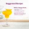 A frozen mango slushy served in a margarita glass with a mango slice garnish. Text shows a suggested recipe for a Mellow Mango Slushy made with Smartfruit Mellow Mango purée and filtered water, with instructions for blending using a frozen beverage machine.