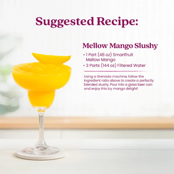 A frozen mango slushy served in a margarita glass with a mango slice garnish. Text shows a suggested recipe for a Mellow Mango Slushy made with Smartfruit Mellow Mango purée and filtered water, with instructions for blending using a frozen beverage machine.