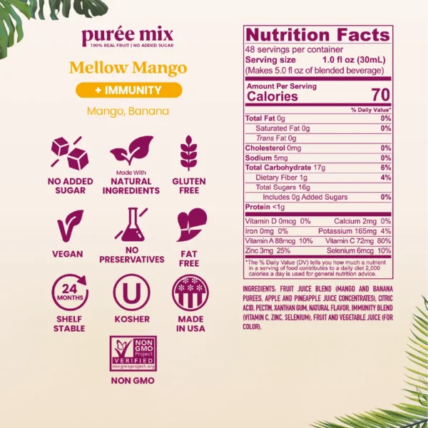 Product information graphic for Smartfruit Mellow Mango purée mix with immunity benefits showing icons for no added sugar, natural ingredients, gluten free, vegan, no preservatives, fat free, shelf stable, kosher, made in the USA, and non-GMO. Nutrition facts and ingredient list are displayed on the right.