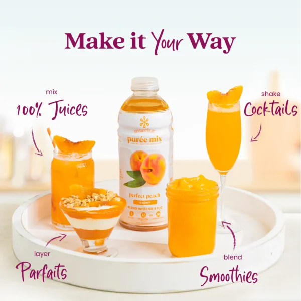 A Smartfruit Aloha Pineapple purée mix bottle displayed on a white tray surrounded by pineapple beverages including juice, a smoothie bowl, a smoothie, and a cocktail. Text highlights different uses: 100% juices, smoothie bowls, smoothies, and cocktails.