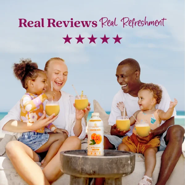 A smiling family sitting outdoors near the ocean enjoys tropical pineapple drinks together while a bottle of Smartfruit Aloha Pineapple purée mix sits on a table in front of them. Text above reads “Real Reviews, Real Refreshment” with five stars.