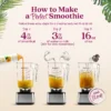Step-by-step visual instructions showing Smartfruit purée being poured into a blender, followed by water or milk, then ice. Text reads “How to Make a Perfect Smoothie” and lists the steps: 4 fl oz Smartfruit, 3 fl oz water or milk, and 16 oz ice before blending.