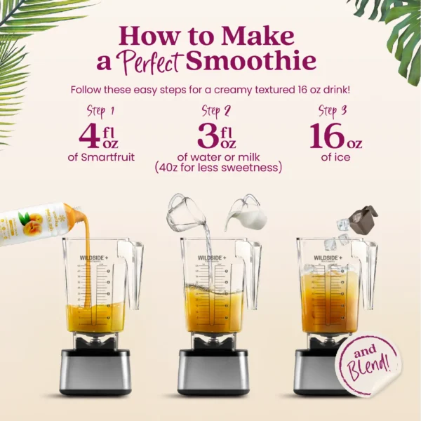 Step-by-step visual instructions showing Smartfruit purée being poured into a blender, followed by water or milk, then ice. Text reads “How to Make a Perfect Smoothie” and lists the steps: 4 fl oz Smartfruit, 3 fl oz water or milk, and 16 oz ice before blending.