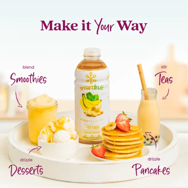 A Smartfruit Sunny Banana purée mix bottle displayed on a white tray surrounded by banana-based foods and drinks including smoothies, milk tea, pancakes with syrup, and ice cream dessert. Text highlights different uses: smoothies, teas, desserts, and pancakes.