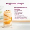 A creamy peanut butter banana smoothie served in a glass with a swirl of peanut butter. Text shows a suggested recipe for a Peanut Butter Power Smoothie made with Sunny Banana purée, milk, vanilla yogurt, peanut butter, ice, and optional protein powder.