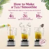 Step-by-step visual instructions showing Smartfruit purée being poured into a blender, followed by water or milk, then ice. Text reads “How to Make a Perfect Smoothie” and lists the steps: 4 fl oz Smartfruit, 3 fl oz water or milk, and 16 oz ice before blending.