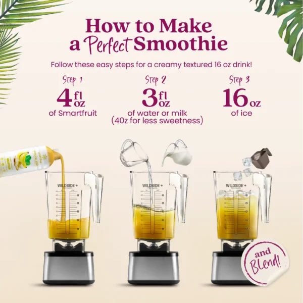 Step-by-step visual instructions showing Smartfruit purée being poured into a blender, followed by water or milk, then ice. Text reads “How to Make a Perfect Smoothie” and lists the steps: 4 fl oz Smartfruit, 3 fl oz water or milk, and 16 oz ice before blending.
