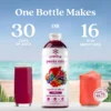 A bottle of Smartfruit Superfruit Allstars purée mix displayed between a glass of deep red berry juice and a frozen berry smoothie. Text explains that one bottle makes either 30 cups of juice or 16 twelve-ounce smoothies, with a note indicating about $1.75 per smoothie.
