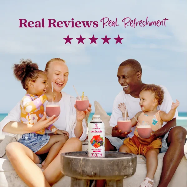 A smiling family sitting outdoors near the ocean enjoys berry smoothies together while a bottle of Smartfruit Superfruit Allstars purée mix sits on a table in front of them. Text above reads “Real Reviews, Real Refreshment” with five stars.
