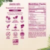 Product information graphic for Smartfruit Superfruit Allstars purée mix with energy benefits showing icons for no added sugar, natural ingredients, gluten free, vegan, no preservatives, fat free, shelf stable, kosher, made in the USA, and non-GMO. Nutrition facts and ingredient list are displayed on the right.