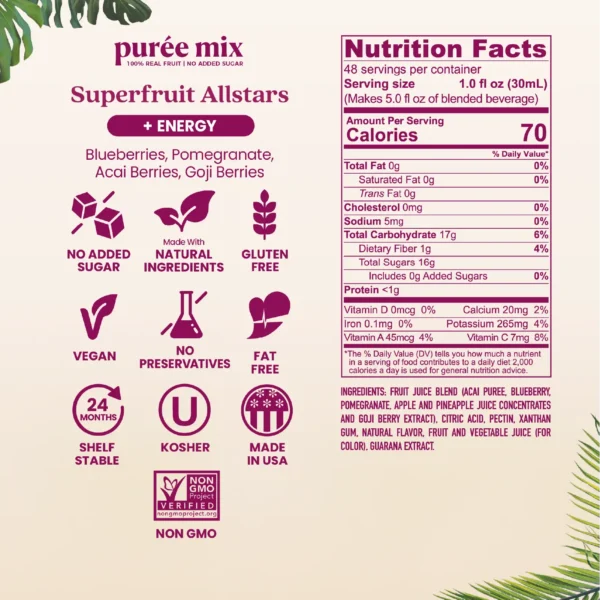 Product information graphic for Smartfruit Superfruit Allstars purée mix with energy benefits showing icons for no added sugar, natural ingredients, gluten free, vegan, no preservatives, fat free, shelf stable, kosher, made in the USA, and non-GMO. Nutrition facts and ingredient list are displayed on the right.