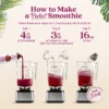 Step-by-step visual instructions showing Smartfruit purée being poured into a blender, followed by water or milk, then ice. Text reads “How to Make a Perfect Smoothie” and lists the steps: 4 fl oz Smartfruit, 3 fl oz water or milk, and 16 oz ice before blending.