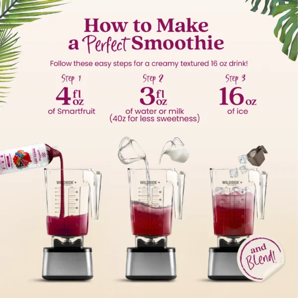 Step-by-step visual instructions showing Smartfruit purée being poured into a blender, followed by water or milk, then ice. Text reads “How to Make a Perfect Smoothie” and lists the steps: 4 fl oz Smartfruit, 3 fl oz water or milk, and 16 oz ice before blending.
