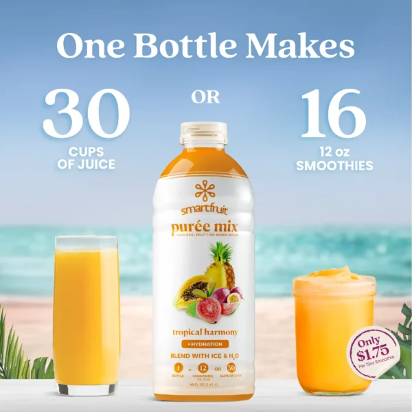 A bottle of Smartfruit Tropical Harmony purée mix displayed between a glass of tropical fruit juice and a frozen tropical smoothie. Text explains that one bottle makes either 30 cups of juice or 16 twelve-ounce smoothies, with a note indicating about $1.75 per smoothie.