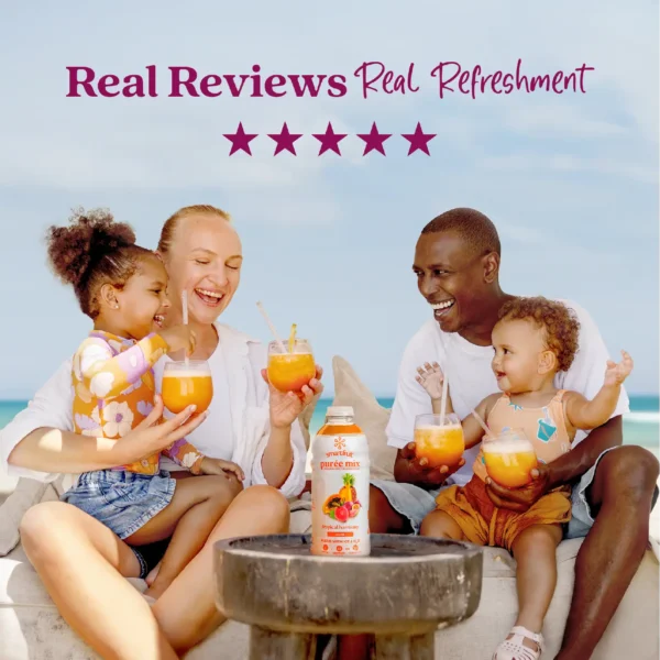 A smiling family sitting outdoors near the ocean enjoys tropical smoothies together while a bottle of Smartfruit Tropical Harmony purée mix sits on a table in front of them. Text above reads “Real Reviews, Real Refreshment” with five stars.
