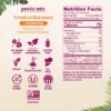 Product information graphic for Smartfruit Tropical Harmony purée mix with hydration benefits showing icons for no added sugar, natural ingredients, gluten free, vegan, no preservatives, fat free, shelf stable, kosher, made in the USA, and non-GMO. Nutrition facts and ingredient list are displayed on the right.