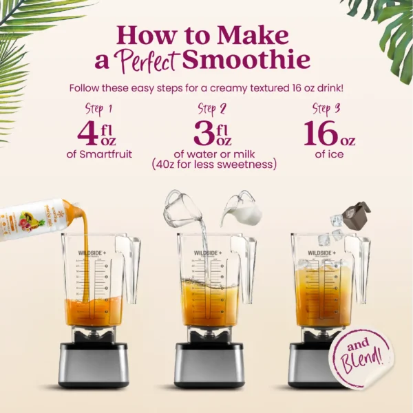 Step-by-step visual instructions showing Smartfruit purée being poured into a blender, followed by water or milk, then ice. Text reads “How to Make a Perfect Smoothie” and lists the steps: 4 fl oz Smartfruit, 3 fl oz water or milk, and 16 oz ice before blending.