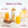 A Smartfruit Aloha Pineapple purée mix bottle displayed on a white tray surrounded by pineapple beverages including juice, a smoothie bowl, a smoothie, and a cocktail. Text highlights different uses: 100% juices, smoothie bowls, smoothies, and cocktails.