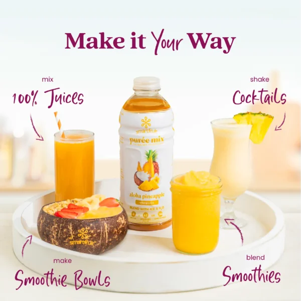 A Smartfruit Aloha Pineapple purée mix bottle displayed on a white tray surrounded by pineapple beverages including juice, a smoothie bowl, a smoothie, and a cocktail. Text highlights different uses: 100% juices, smoothie bowls, smoothies, and cocktails.