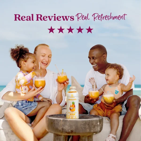 A smiling family sitting outdoors near the ocean enjoys tropical pineapple drinks together while a bottle of Smartfruit Aloha Pineapple purée mix sits on a table in front of them. Text above reads “Real Reviews, Real Refreshment” with five stars.