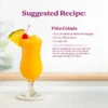 A bright pineapple piña colada served in a hurricane glass garnished with a pineapple wedge and cherry. Text shows a suggested recipe for a Piña Colada made with Smartfruit Aloha Pineapple, white rum, and ice, with instructions to blend and garnish.