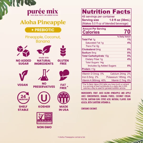 Product information graphic for Smartfruit Aloha Pineapple purée mix with prebiotic, showing icons for no added sugar, natural ingredients, gluten free, vegan, no preservatives, fat free, shelf stable, kosher, made in the USA, and non-GMO. Nutrition facts and ingredient list are displayed on the right.