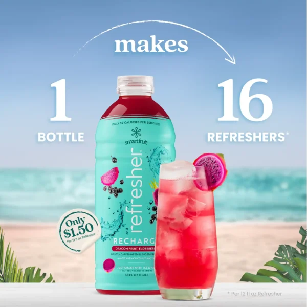 A bottle of Smartfruit Refresher Recharge lightly caffeinated blended fruit mix in Dragon Fruit Elderberry flavor displayed on a beach background beside a bright pink refresher drink with ice and dragon fruit garnish. Text shows that one bottle makes 16 refreshers.