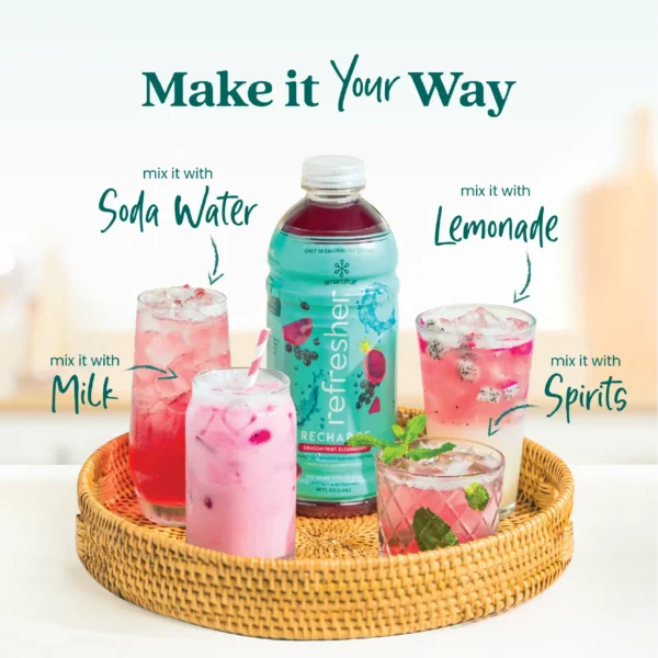 A Smartfruit Recharge Refresher bottle placed on a woven tray surrounded by different drink options including a refresher with soda water, a lemonade refresher, a milk-based drink, and a cocktail with mint. Text highlights ways to mix the product including soda water, lemonade, milk, and spirits.