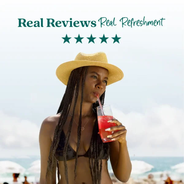 A woman wearing a straw hat stands at the beach while drinking a bright pink refresher beverage through a straw. Text above reads “Real Reviews, Real Refreshment” with five stars.