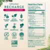 Product information graphic for Smartfruit Refresher Recharge Dragon Fruit Elderberry flavor showing icons for no added sugar, natural ingredients, gluten free, vegan, no preservatives, fat free, shelf stable, kosher, made in the USA, and non-GMO along with nutrition facts and ingredient list.