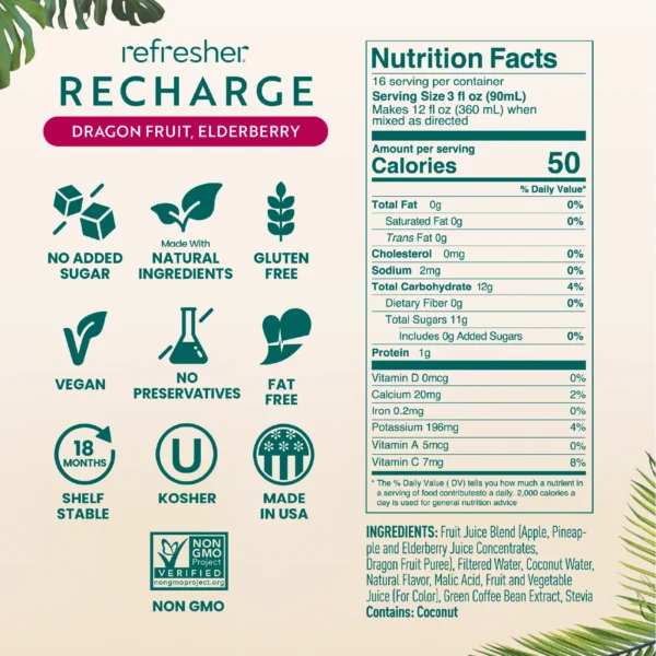 Product information graphic for Smartfruit Refresher Recharge Dragon Fruit Elderberry flavor showing icons for no added sugar, natural ingredients, gluten free, vegan, no preservatives, fat free, shelf stable, kosher, made in the USA, and non-GMO along with nutrition facts and ingredient list.