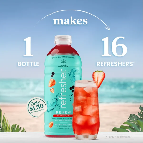 A bottle of Smartfruit Refresher Renew lightly caffeinated blended fruit mix in Strawberry Açaí flavor displayed on a beach background beside a bright red refresher drink with ice and a strawberry garnish. Text shows that one bottle makes 16 refreshers.